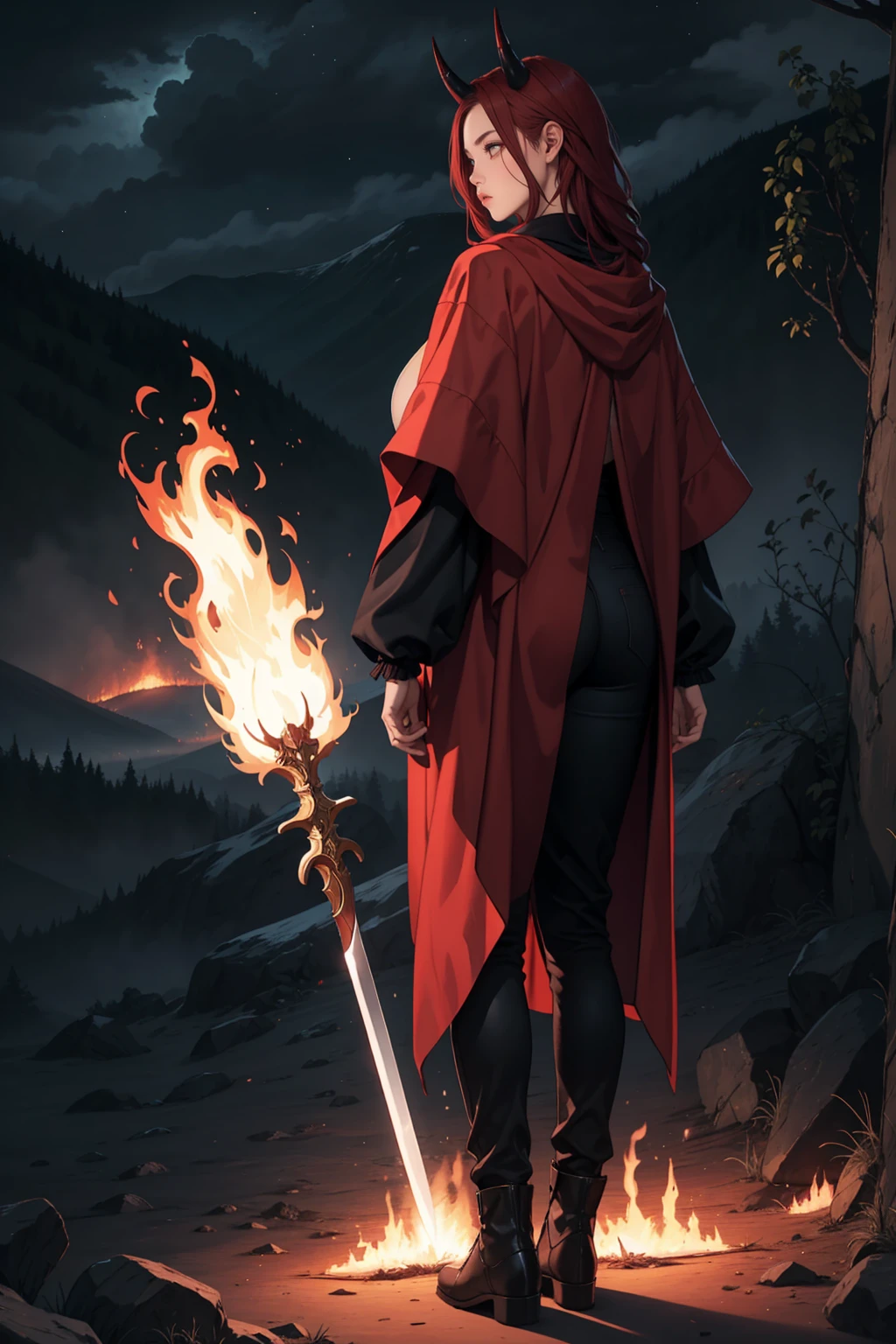 1girl, long bright red hair, long ear, black horn on head, large breast, black and red cloth, pair of large black wing on the back, got tail, pale skin, piss off, fullbody shot, standing, night foggy mountain, holding double sword made of fire with both hands, front view,