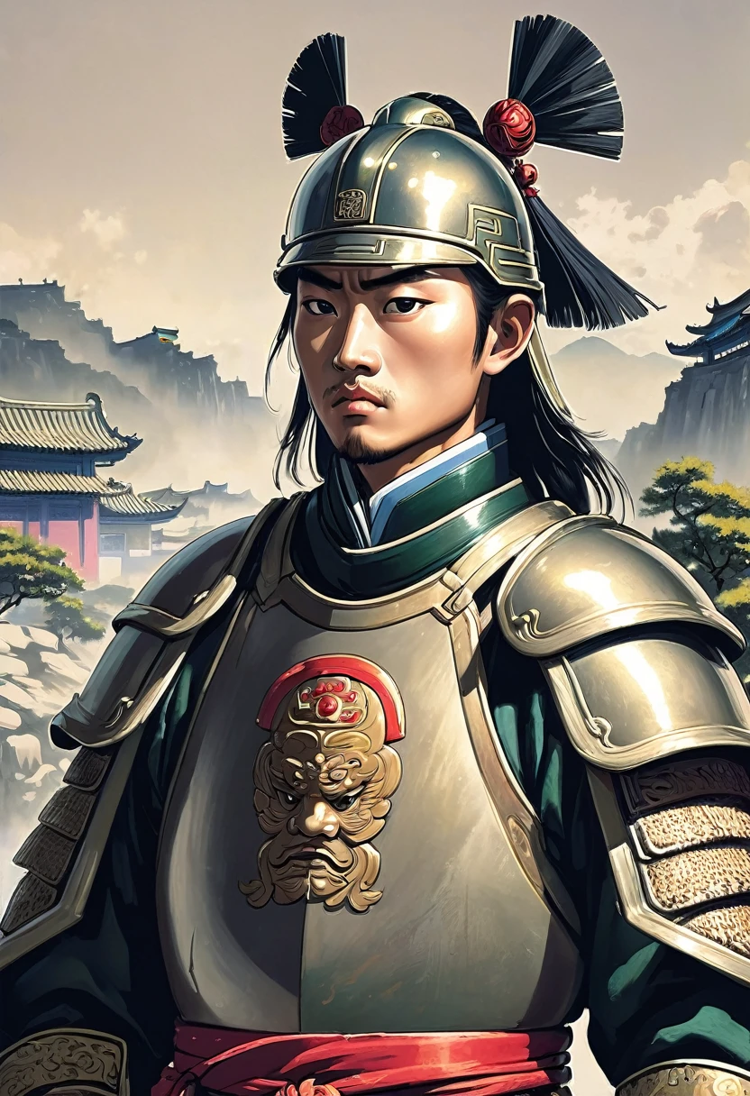 {
"prompt": "A detailed image of a young enemy soldier, looking perplexed and facing directly towards the observer. His expression is one of confusion and suspicion, capturing the psychological impact of Zhugue Liang's strategy. He is wearing simple, traditional Chinese armor typical of the Three Kingdoms period. The background features traditional Chinese landscape elements, with the city walls and Zhugue Liang playing his instrument in the distance.",
"size": "1024x1024"
}
