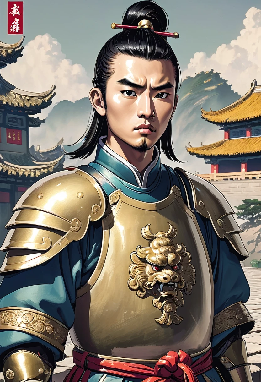 {
"prompt": "A detailed image of a young enemy soldier, looking perplexed and facing directly towards the observer. His expression is one of confusion and suspicion, capturing the psychological impact of Zhugue Liang's strategy. He is wearing simple, traditional Chinese armor typical of the Three Kingdoms period. The background features traditional Chinese landscape elements, with the city walls and Zhugue Liang playing his instrument in the distance.",
"size": "1024x1024"
}
