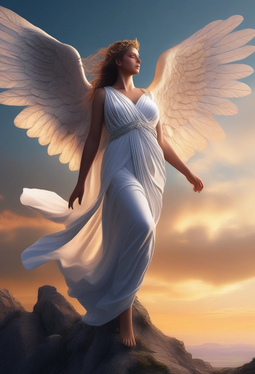 Reinterpreting the ancient Greek sculpture Nike of Samothrace in digital art to create a living goddess, intricately crafted wings, beautifully detailed body and face, beautifully detailed eyes, beautifully detailed mouth, lively facial expression, ideal proportions, large , slim waist, big ass, clear skin, flowing sheer robe, graceful pose, about to take off from a cliff, dramatic lighting, raw and vibrant colors, cinematic composition, digital painting, 8K, ultra detailed, photorealistic, masterpiece