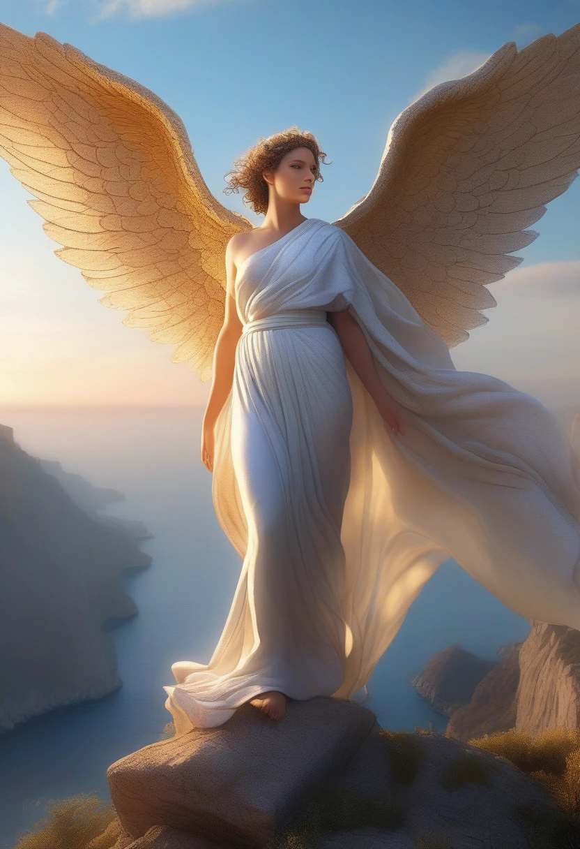 Reinterpreting the ancient Greek sculpture Nike of Samothrace in digital art to create a living goddess, intricately crafted wings, beautifully detailed body and face, beautifully detailed eyes, beautifully detailed mouth, lively facial expression, ideal proportions, large breasts, slim waist, big ass, clear skin, flowing sheer robe, graceful pose, about to take off from a cliff, dramatic lighting, raw and vibrant colors, cinematic composition, digital painting, 8K, ultra detailed, photorealistic, masterpiece