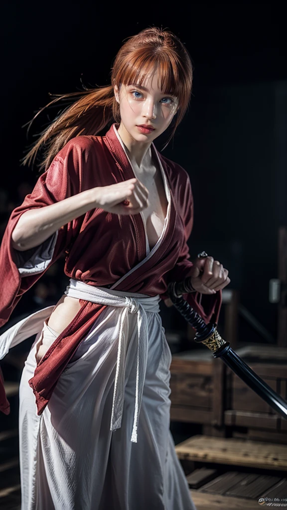 "Rurouni Kenshin",
Moment of enthusiasm, Bold,
Capturing the essence of her fiery determination and indomitable spirit, She explodes in rage, Strongly conveys the raw power of Kenshin's rage, Emphasizing the intensity of the scene, The woman is in a determined stance,
Action with a straight sword in hand,
Long hair, Ponytail, Red hair, Red eyes, Bright red lipstick,
Katana, Holding a sword in hand,
Cross sign on left cheek,
High quality, Realistic,
20-year-old woman,
She wears a red kimono with an intricate pattern, Combined with a white hakama,
The lighting is realistic, (Masterpiece+Top quality+High resolution+Very detailed), (Full body:1.2),Symmetrical, One cut,