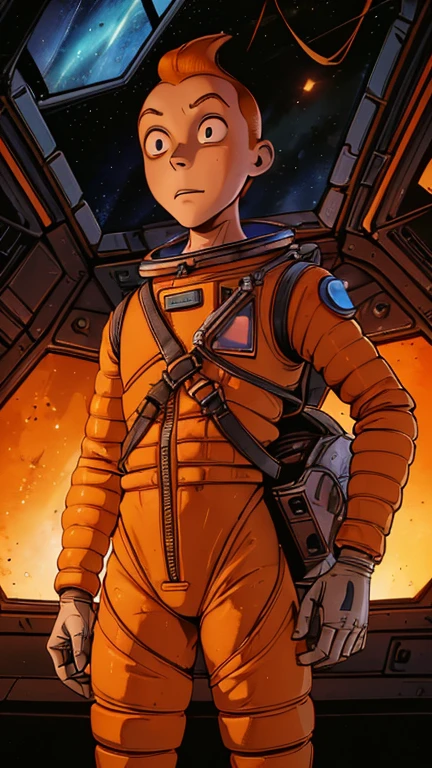 (Teens:1man: Tintin), (extremely detailed CG unit 8k wallpaper),(master part), (best quality), (ultra detali), (best illustration),(TimBurton Animation), cowboy shot, (Sharp eyeliner, ombre, detailed eyes:1),Dark midnight derelict spaceship interiors background, ,break , (astronaut in an orange space suit), upper body, short hair, orange hair