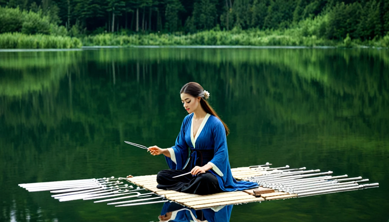 Beautiful woman playing tuning forks on a silent lake