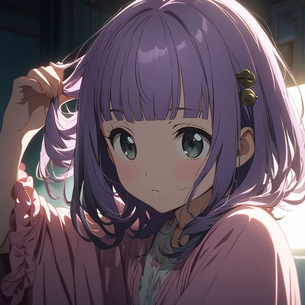  (Cute a girl:1.5), (a girl with closs hair pin, pale purple hair, blunt bangs hair, green and black eyes,:1.4), anime visual, (tilt head:1.3), realistic lighting and shading, (an extremely delicate and beautiful art:1.3),A girl in pink pajamas combing her hair, cowboy shot,
