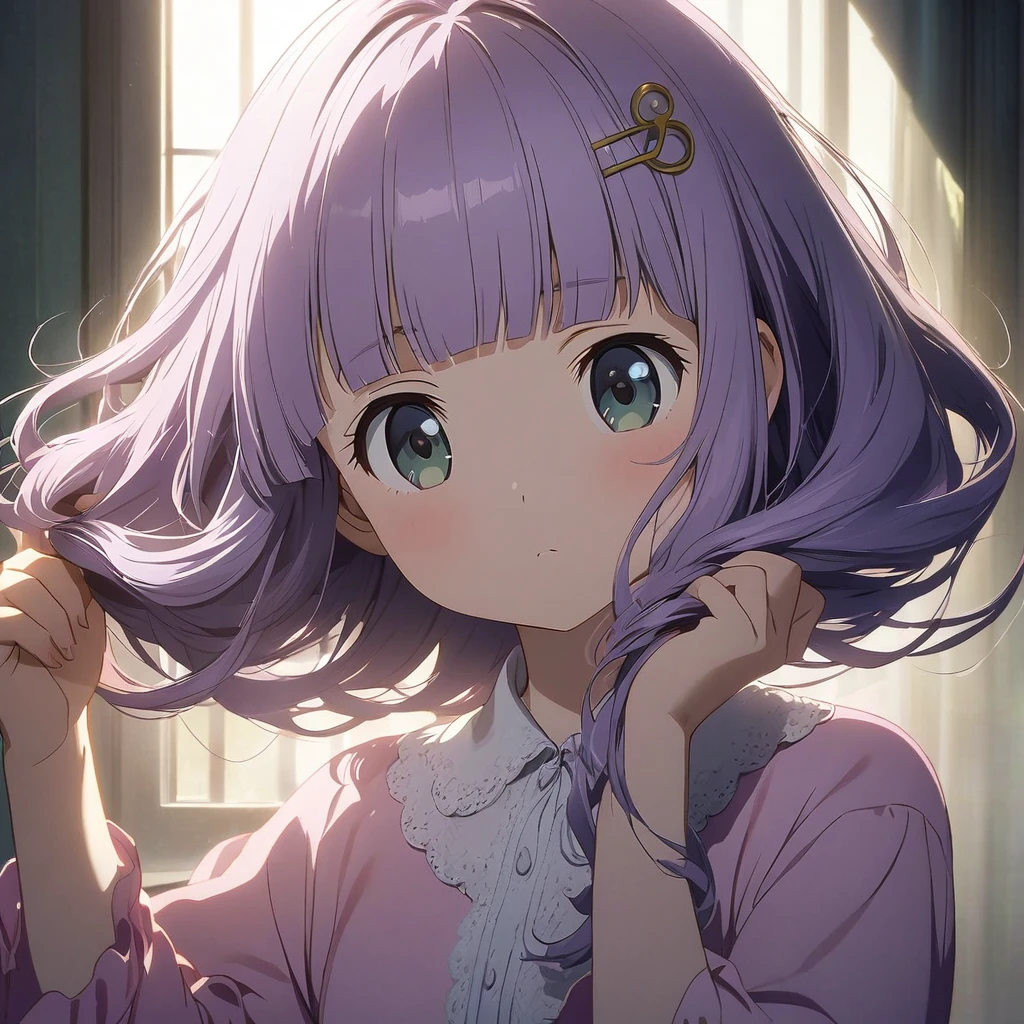 (Cute a girl:1.5), (a girl with closs hair pin, pale purple hair, blunt bangs hair, green and black eyes,:1.4), anime visual, (tilt head:1.3), realistic lighting and shading, (an extremely delicate and beautiful art:1.3),A girl in pink pajamas combing her hair, cowboy shot,