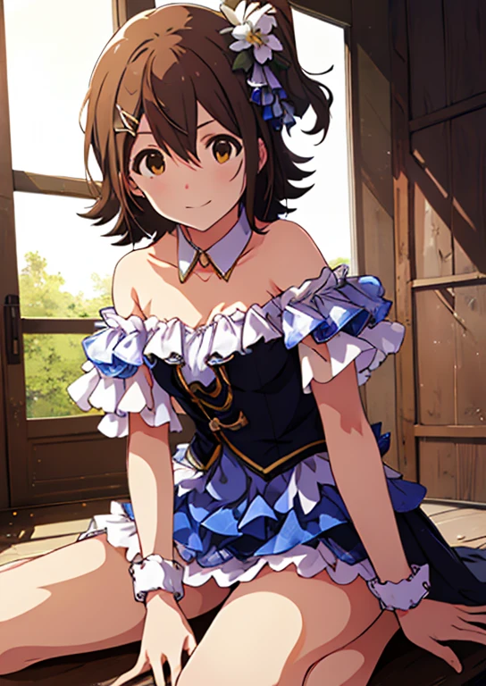 Mirai Kasuga (Home to 1 million people), (Highest quality, 8k, masterpiece, Very detailed:1.2), (Lens flare, Particles of light, Shine), Big Breasts, smile, Open your mouth, masterpiece, Highest quality, Very detailed, High resolution, Very detailedCG, Official Art, Off the shoulder, ((BTBS)), Dynamic Angle, Perfect body,sexy, Panty shot, sit,M-shaped feet, (Squat down with one knee raised、Spread your legs),Panties digging into the crotch,