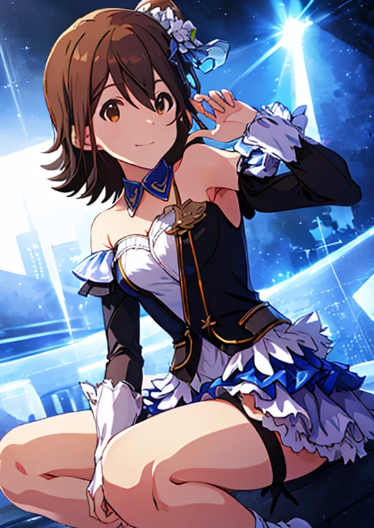Mirai Kasuga (Home to 1 million people), (Highest quality, 8k, masterpiece, Very detailed:1.2), (Lens flare, Particles of light, Shine), Big Breasts, smile, Open your mouth, masterpiece, Highest quality, Very detailed, High resolution, Very detailedCG, Official Art, Off the shoulder, ((BTBS)), Dynamic Angle, Perfect body,sexy, Panty shot, sit,M-shaped feet, (Squat down with one knee raised、Spread your legs),Panties digging into the crotch,
