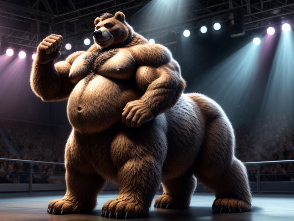 furry, fur taur, beartaur, middle-age, solo,1man, detailed face, bear ears, bear eyes(brown), bear nose(black), bear mouth, beard(grey), mature hair(grey), detailed arms, thick arms, muscular, thick hands(5 fingers), detailed body belly, thick body, muscle belly(white), thick chest, chest hair(white), nipples, detailed taur body, thick taur body, thick bear paws, thick bear tail, full body shot, standing on the concert