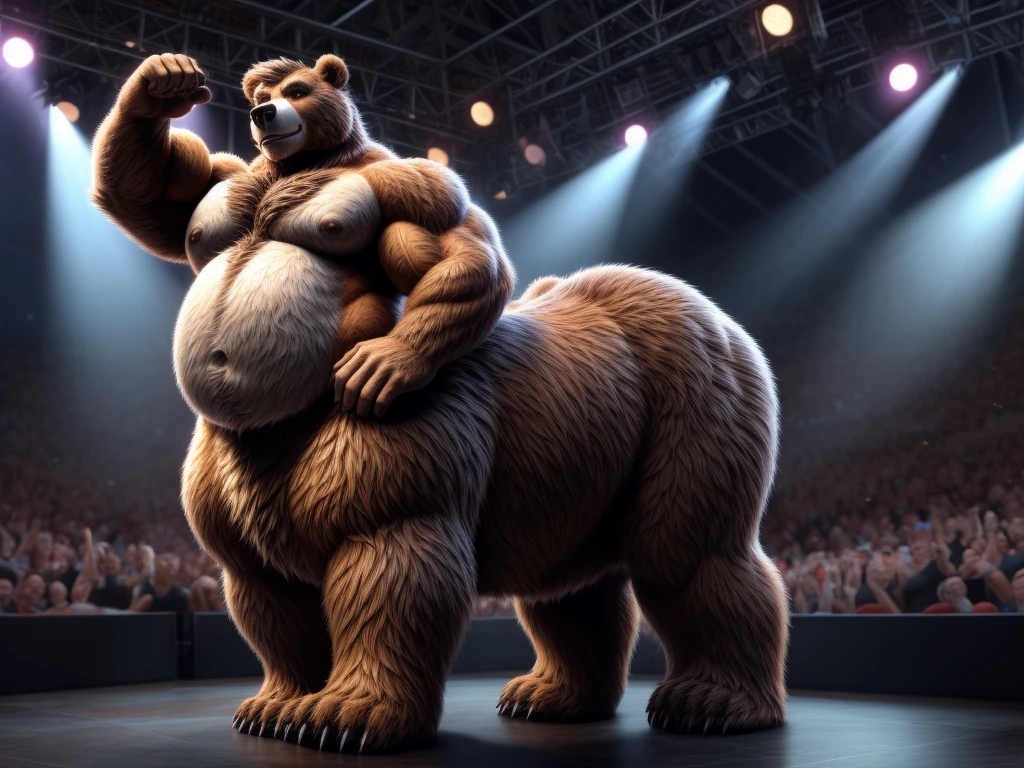 furry, fur taur, beartaur, middle-age, solo,1man, detailed face, bear ears, bear eyes(brown), bear nose(black), bear mouth, beard(grey), mature hair(grey), detailed arms, thick arms, muscular, thick hands(5 fingers), detailed body belly, thick body, muscle belly(white), thick chest, chest hair(white), nipples, detailed taur body, thick taur body, thick bear paws, thick bear tail, full body shot, standing on the concert