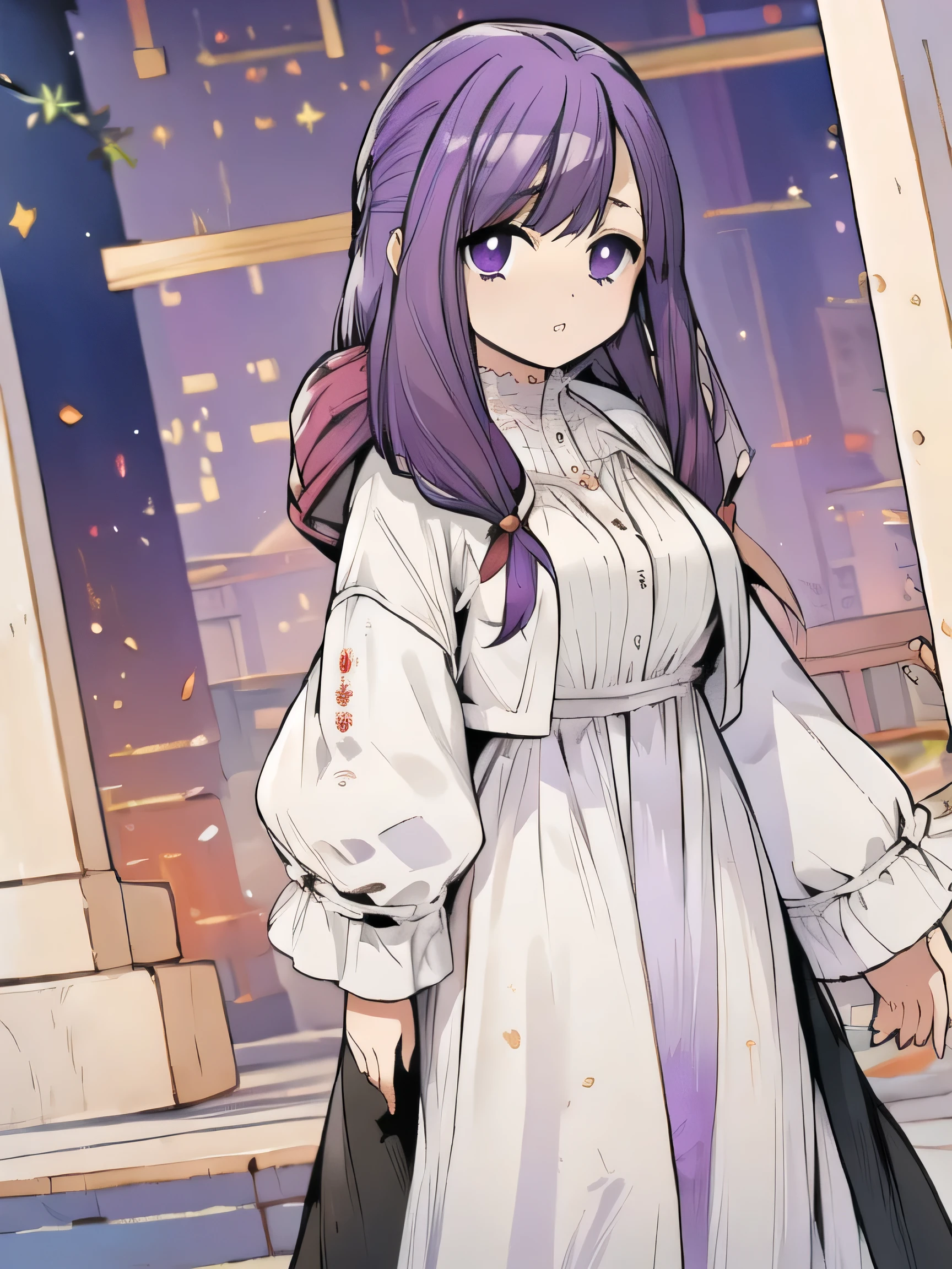 (Highest quality:1.3),(masterpiece:1.3),(figure:1.3),(Very detailed:1.3),(Imide Shot:0.9), alone, break, Irritation, Long Hair, bangs, (Purple eyes:1.1), Purple Hair, Side Lock, blunt bangs, Bright Eyes, Half Up, break shirt, dress, Jacket, White shirt, Open clothes, Food, white dress, long Food down, break, One girl, Large Breasts , View your viewers, masterpiece, Are standing, Downstream, Purple Hair, (Purple eyes:1.2), break, Fern, , dissatisfaction, Irritation