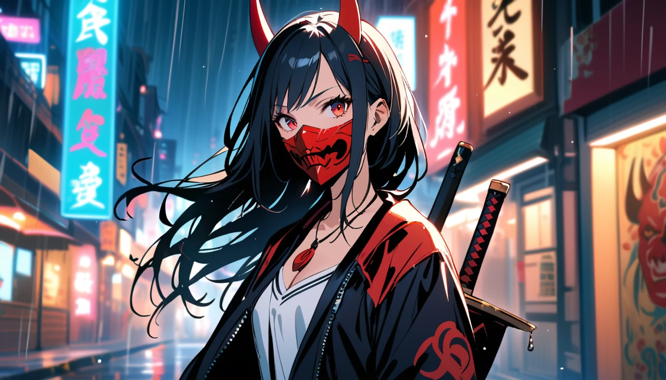 masterpiece, Highest quality 1girl, Black Hair, black Jacket, Blurred, Blurred background, chest, Depth of written boundary, Shine, Shine eyes, Helmet, horn, Jacket, jewelry, knife, Long Hair, View your viewers, mask, medium chest, necklace, Neon Light, oni mask, Open clothes, open Jacket, Outdoor, rain, Red eyes, warrior, sheath, sheathed, shirt, alone, sword, tattoo, teeth, Upper Body, arms, white shirt, zipper