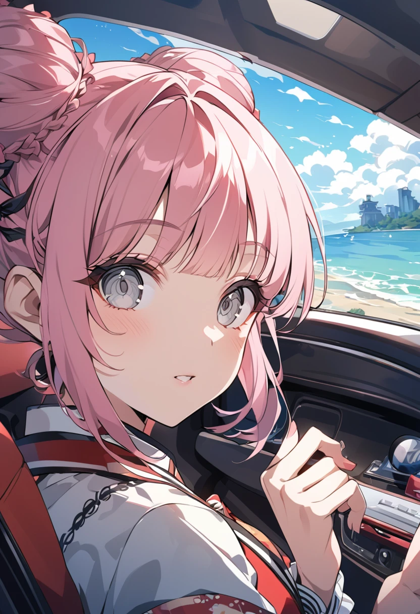 Anime Style, Upper Body,18-year-old,Dynamic Angle,bangs,Grey Eyes, short, Chinaの緑のチャイナ服, Pink Hair, Grey Eyes,fish eye,,bun hair,China,In a car,Seaside background