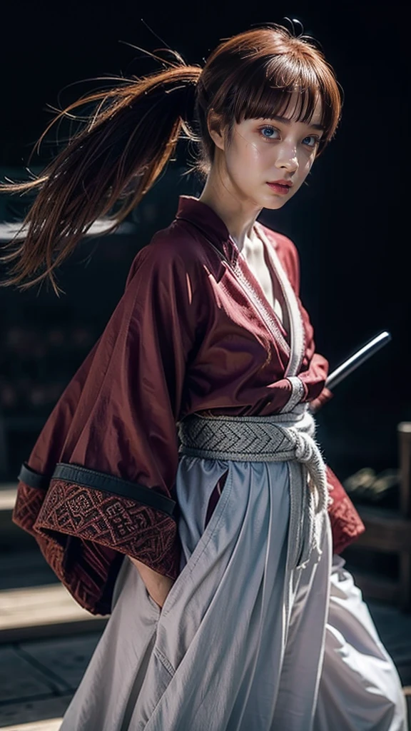 "Rurouni Kenshin",
Moment of enthusiasm, Bold,
Capturing the essence of her fiery determination and indomitable spirit, She explodes in rage, Strongly conveys the raw power of Kenshin's rage, Emphasizing the intensity of the scene, The woman is in a determined stance,
Action with a straight sword in hand,
Long hair, Ponytail, Red hair, Red eyes, Bright red lipstick,
Katana, Holding a sword in hand,
Cross sign on left cheek,
High quality, Realistic,
20-year-old woman,
She wears a red kimono with an intricate pattern, Combined with a white hakama,
The lighting is realistic, (Masterpiece+Top quality+High resolution+Very detailed), (Full body:1.2),Symmetrical, One cut,