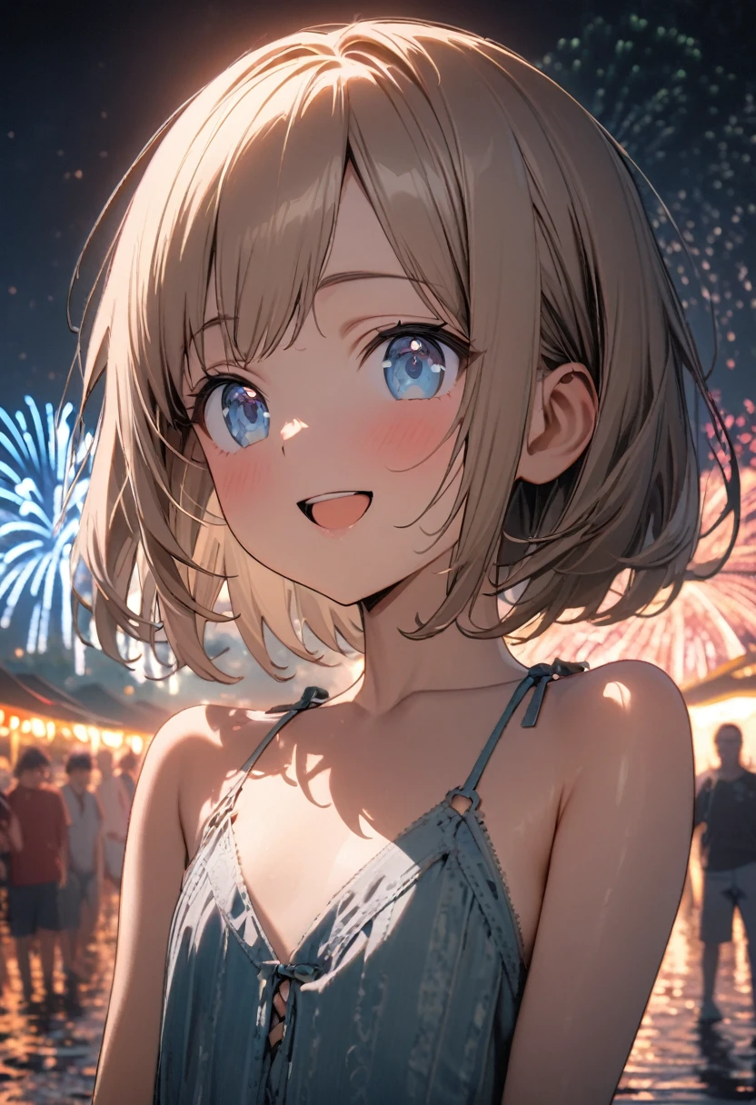 1 girl, 18yo, (flat chest: 1.5), blue eyes, light brown hair, bob cut, summer outfit, smile, open mouth, standing, upper body, (various pose:1.5), Fireworks festival, riverbank, crowd, 8k, RAW photo, best quality, masterpiece, extremely detailed 8k wallpaper, ultra-detailed, best shadow, detailed background, beautiful detailed face, beautiful detailed eyes, nice hands, perfect hands