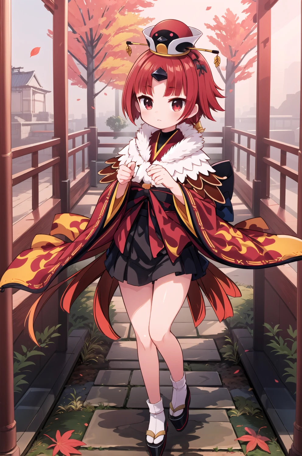 masterpiece, best quality, photography, official art, professional lighting), long shot,Autumn landscape,overlooking,Detailed view of one torii gate,autumn leaves,random pose:1.2,1girl,Me_enma,Red kimono,Black Mini Skirt,hat