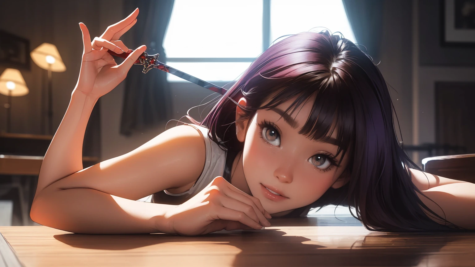Ultimate Sword (Zekken), masterpiece, Best quality, 1 girl,photo, Studio photography, realistic:1.2, Littlemasterpiece, yuuki konno from anime SAO, hairband, long hair, pointy ears, purple hair, (red eyes:1.5), Best quality, very detailed, high riding_Yuki, smile, (recognized, tempting, breathtaking, breathtaking, fabulous, startling:1.3), (very detailed, high quality:1.3) Тиндаллаmasuter piece、top quality、Highest standards、Highest image quality、Table、complex parts、a high resolution、depth of field、natural soft light、professional lighting, [[gentle fingers and hands:0.55]::0.85],(detailed fingers),),(emotional),(breathtaking),(main part:1.2) whole body.), (Anime Style), (Super Detailed), (brutal), (uhd, HDR), (8k), (High Resolution: 1.2), (Complex and Beautiful: 1.2)