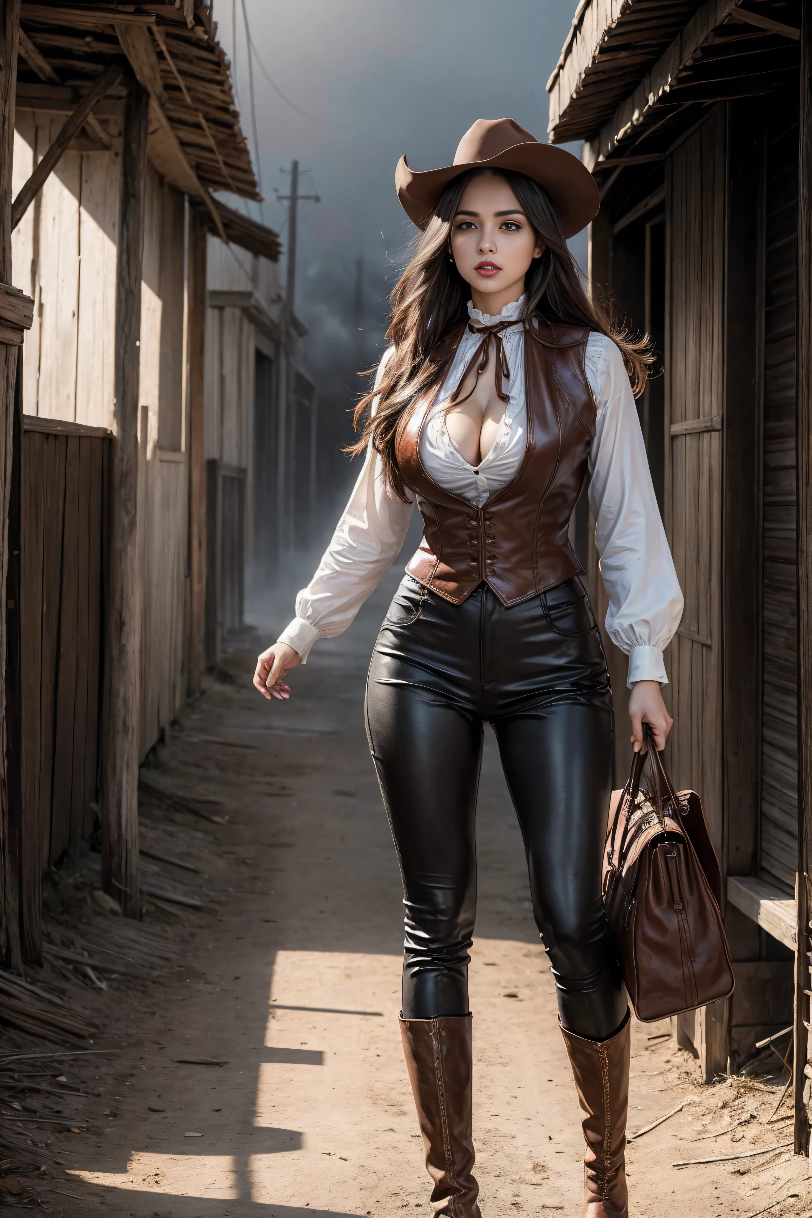 Full body cowboy woman circa 1880s, Brown long straight hair, Brown eyes, High arched eyebrows, Slender and graceful neck, Red lips, Large Breasts, Brown Leather Tights, Sleeveless Brown Leather Vest, Leather Boots, Walking on the dusty sandy streets of a deserted North American town，The wind blew through her hair, Practical, photoPractical, photoPractical, fear, Dark gloomy atmosphere and dramatic lighting, dark red, Foggy environment, Detailed facial expressions, Terrible fog