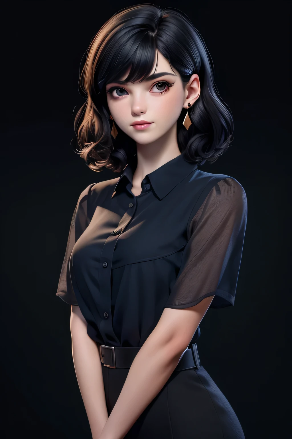 Masterpiece, Best quality, 1girll, Black eyes, Pale skin, Dark black hair, Wavy hair, Short hair, bangs covering eyes, Earrings, dark blue shirt, Simple background, Solo, Upper body