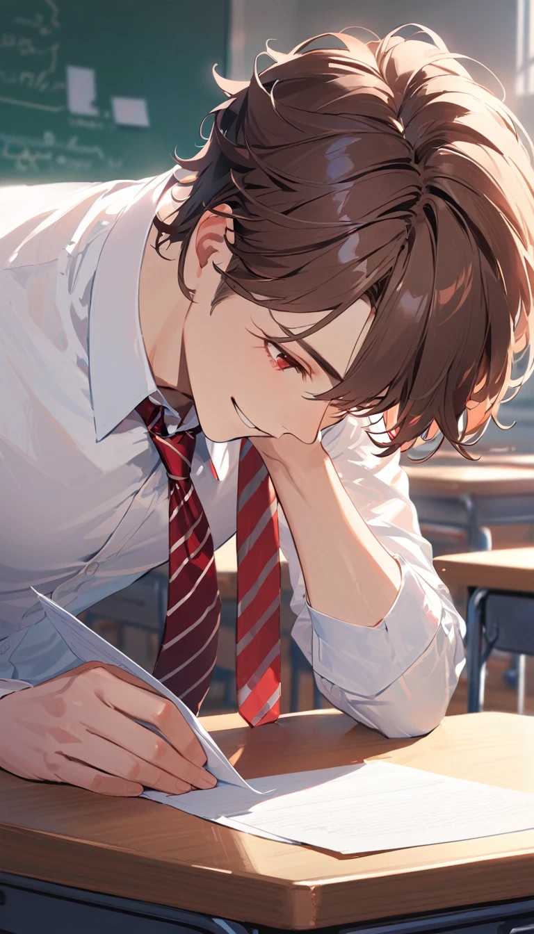 a man with short brown hair, red eyes, wearing a white shirt, red striped tie, smiling, sitting on a desk in the classroom with his head down on the desk, holding a small piece of paper in his hand, pale skin, Half body, best quality