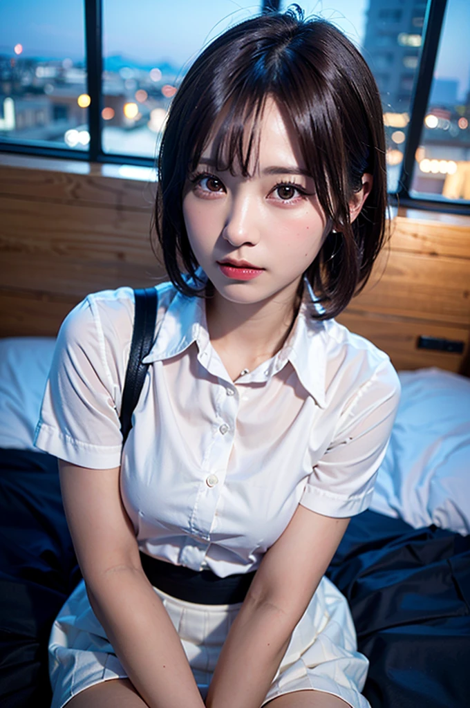 (photo-realistic:1.3), (8k, best quality:1.2), shot on Arricam LT Camera, ultra-detailed, cute, sharp focus, looking at viewer, solo, extremely detailed face and eyes, beautiful hair, ((short hair, white collared shirt, skirt)), sitting on bed, night view