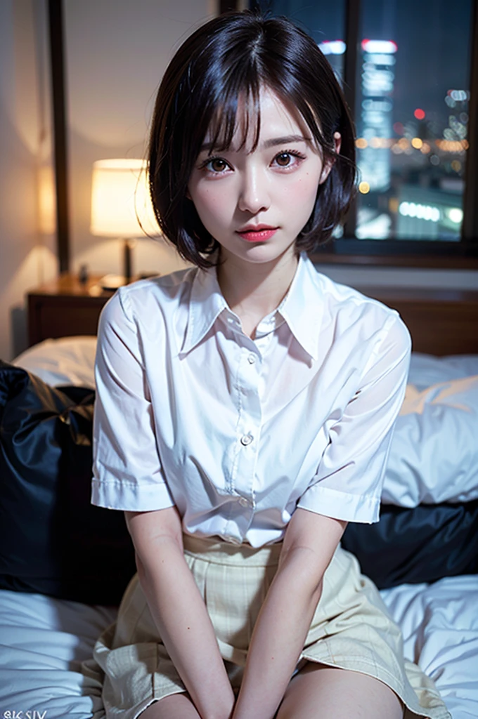 (photo-realistic:1.3), (8k, best quality:1.2), shot on Arricam LT Camera, ultra-detailed, cute, sharp focus, looking at viewer, solo, extremely detailed face and eyes, beautiful hair, ((short hair, white collared shirt, skirt)), sitting on bed, night view
