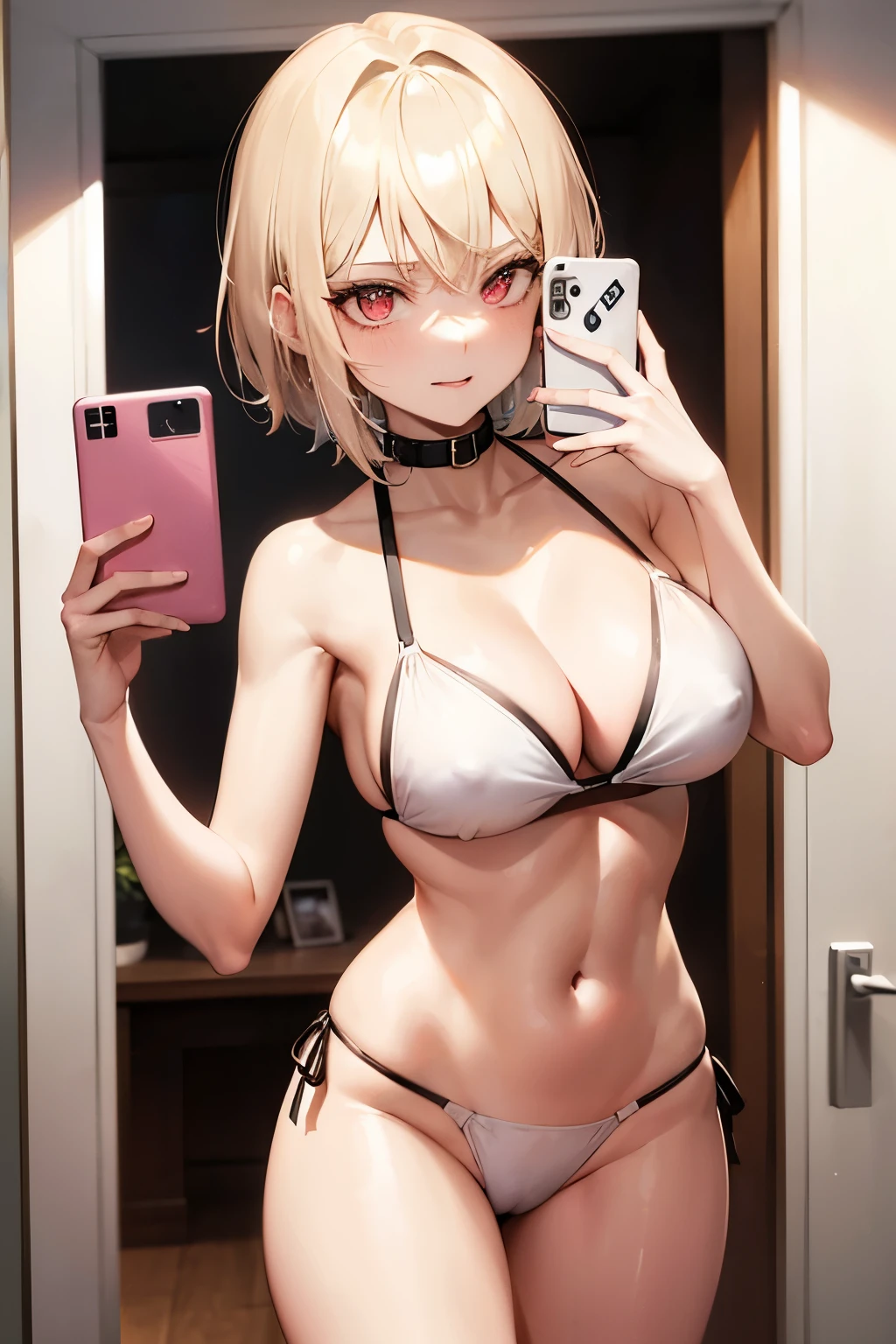 Create an image of a 20-year-old age woman named Zoe. He has an angelic face with red eyes and white skin.. its height is 1,70 meters and has a detailed physique with large breasts and firm, highlighted nipples. Her hair is short, pixie style, blonde and straight, reaching just above your shoulders. she is lying on a bed, wearing a bikini with thong, and looking towards the camera, taking a selfie in the mirror showing his expression of pleasure and excitement., taking selfie in a mirror, highlighted vagina