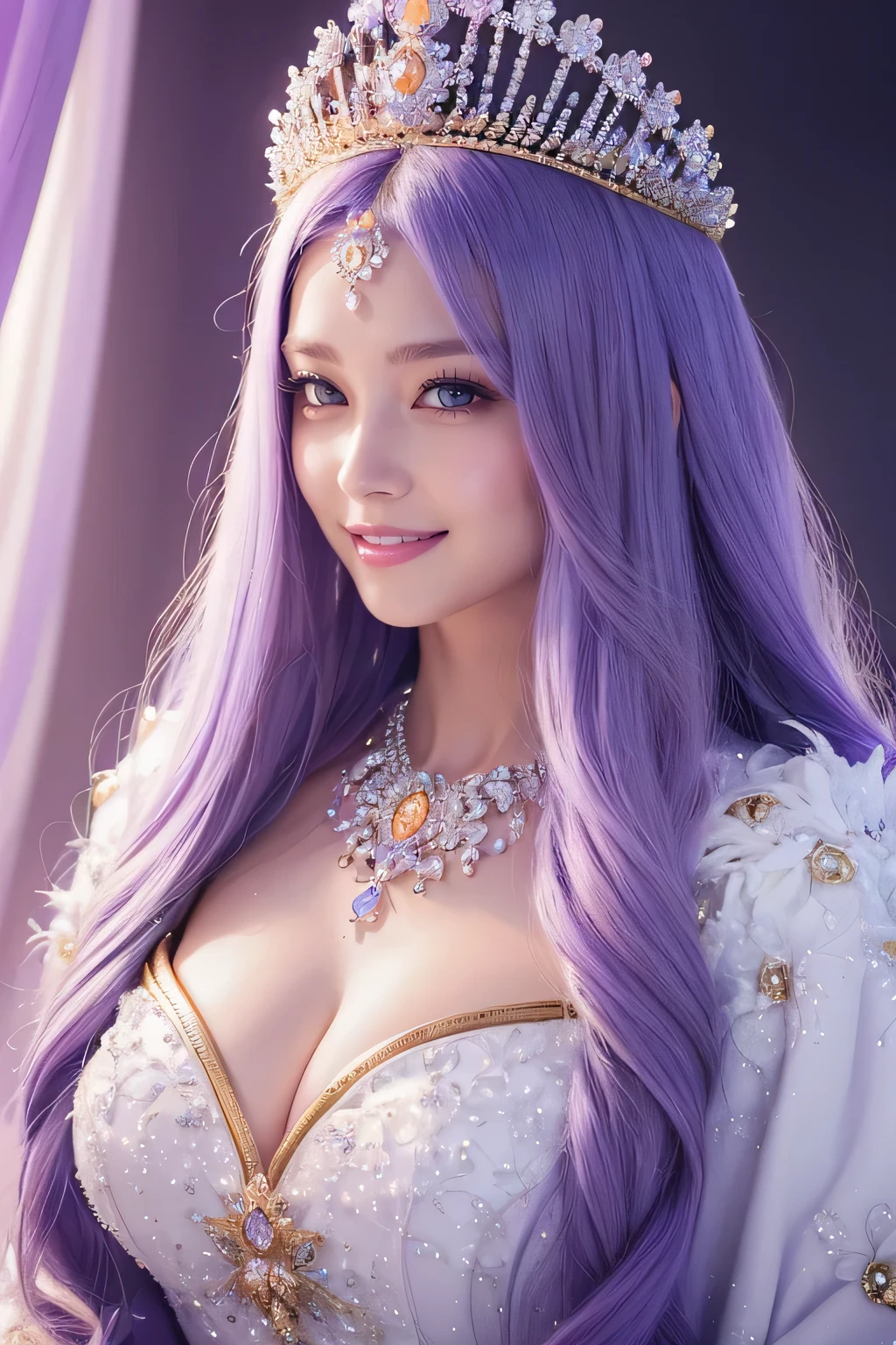 (masterpiece、highest quality、best image quality、8K、Award-winning work)、One Goddess、(the most luxurious, Sparkling, High-end giant costume:1.1)、(The most luxurious and highest quality giant tiara:1.1)、(The most luxurious and highest quality giant necklace:1.1)、(Highest grade goddess costume with beautiful purple and white gradation:1.2)、(The goddess's elaborately decorated costume shines in purple and white..:1.1)、(Highest quality goddess costume with exquisite purple and white gradation:1.1)、upper body photo、(look at me with your best smile:1.2)、big breasts、Beautiful transparent sleeves of the highest quality、(High-quality transparent sleeve with jewel decoration:1.1)、publish one'shoulder、Standing gracefully、(The most luxurious palace background made of ice:1.4)、(The most elaborate and luxurious ice palace cathedral:1.3)、(Inside the most mysterious giant palace made of ice:1.4)、(The most beautiful cathedral made of crystal clear ice:1.4)、(beautiful transparent ice:1.1)、(Mysterious fairy tale light blue fog:1.15)、The background is a detailed ice palace、beautiful ice ceiling、(Palace interior background made of intricately shining transparent ice:1.4)、(Elegant palace pillars made of ice:1.05)、the most intricate and luxurious decoration、(large amount of jewelry decoration:1.1)、最もComplex and detailed background、(that'that'It's snowing:1.1)、fine Sparkling snow、(Tyndall effect:1.1)、Subtle Sparkling snow、epic movie lighting、perfect makeup、long eyelashes、beautiful eyeshadow、(accurate anatomy:1.1)、Natural forehead、Complex and detailed background、the most delicate shine、background with depth、low contrast、Surrounded by soft light、(body facing forward:1.1)、(lower your arms:1.1)