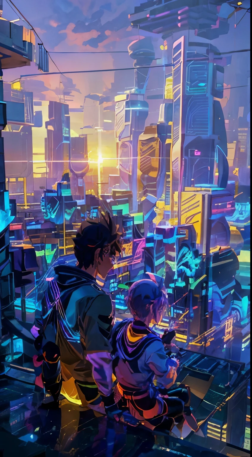 anime couple sitting on a balcony watching the sunset, watching the sun set. anime, lofi artstyle, anime background art, anime style cityscape, beautiful anime scene, lofi art, in style of makoto shinkai, 4 k manga wallpaper, makoto shinkai cyril rolando, hd anime cityscape, ilya kuvshinov landscape, 4k anime wallpaper(far angel view)