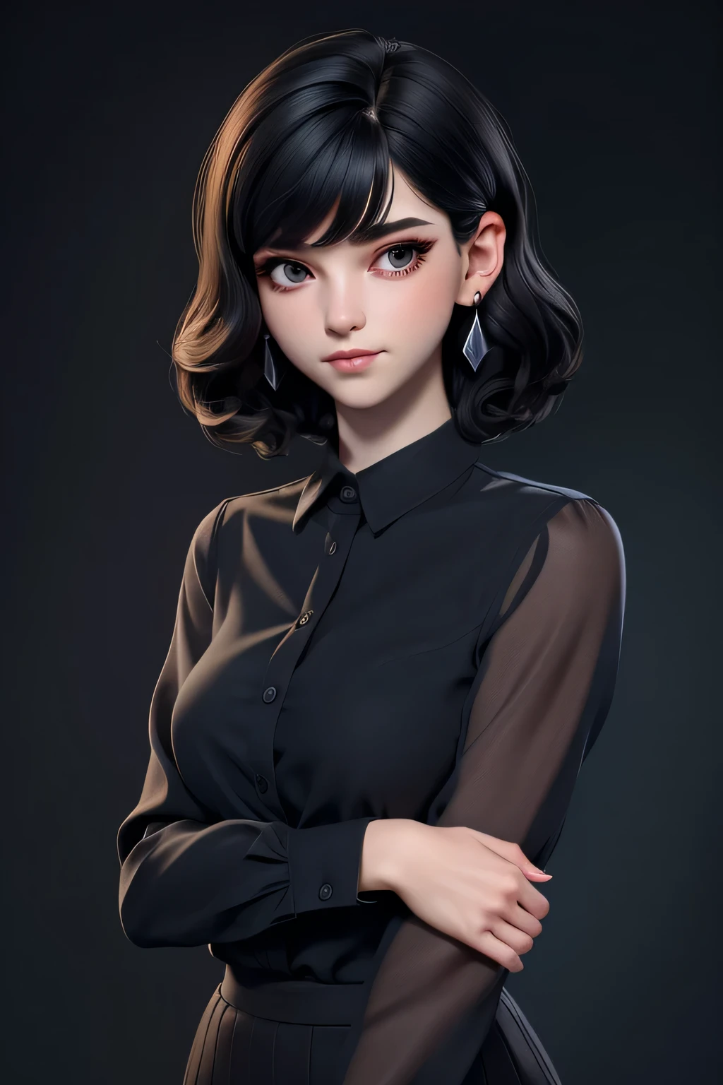 Masterpiece, Best quality, 1girll, Black eyes, Pale skin, Dark black hair, Wavy hair, Short hair, bangs covering eyes, Earrings, dark blue shirt, Simple background, Solo, Upper body