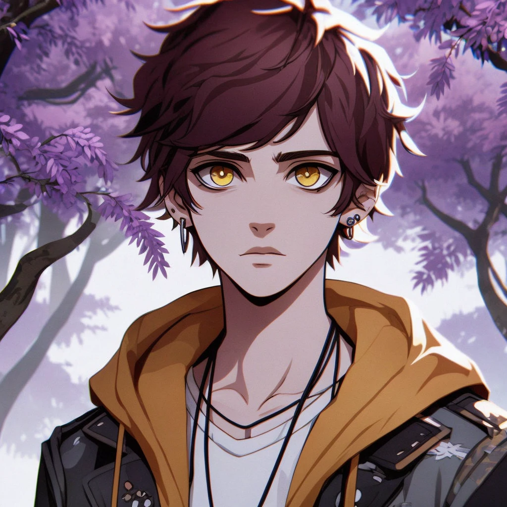 Make me digital art of a cartoon-style character, a boy with short hair, smooth and brown, Caucasian skin, yellow eyes and a scar on the mouth that looks like a cut, in a setting of acacia trees, He has a black sweatshirt with orange details, black cargo pants with a katana sheath on the side