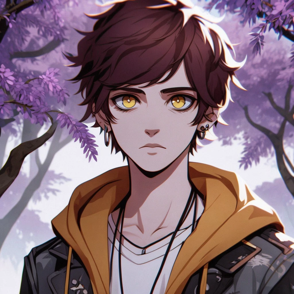 Make me digital art of a cartoon-style character, a boy with short hair, smooth and brown, Caucasian skin, yellow eyes and a scar on the mouth that looks like a cut, in a setting of acacia trees, He has a black sweatshirt with orange details, black cargo pants with a katana sheath on the side