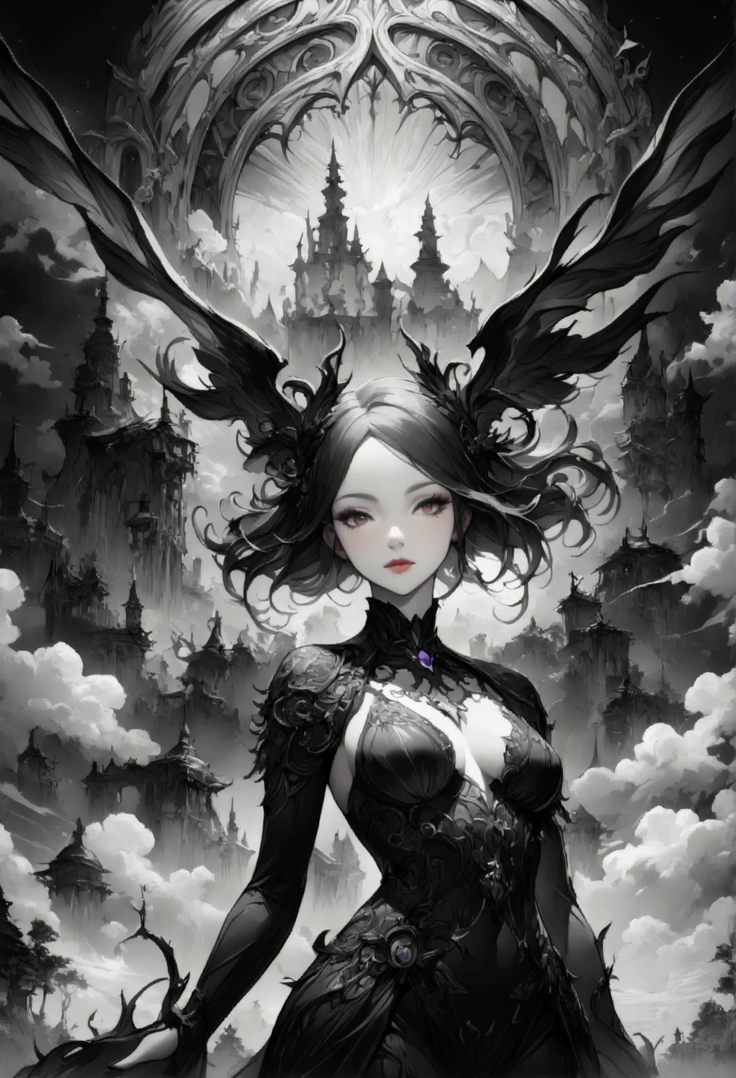 1 female,Intricate details,Use black and white as the main colors,decadent,artwork,Rendering,(masterpiece:1.3),(best quality:1.4),(Very detailed:1.5),high resolution,Very detailed,Unity 8K wallpaper,Dark Fantasy