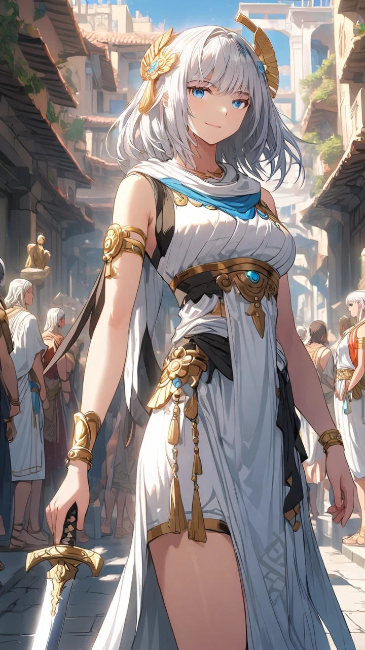 highest quality、masterpiece、1 girl、street background、white hair:1.5、blue eyes 、statue, ancient greek clothes  、Black and white world、Black and white world、medium hair 、side blade, smile, standing hair ornaments 