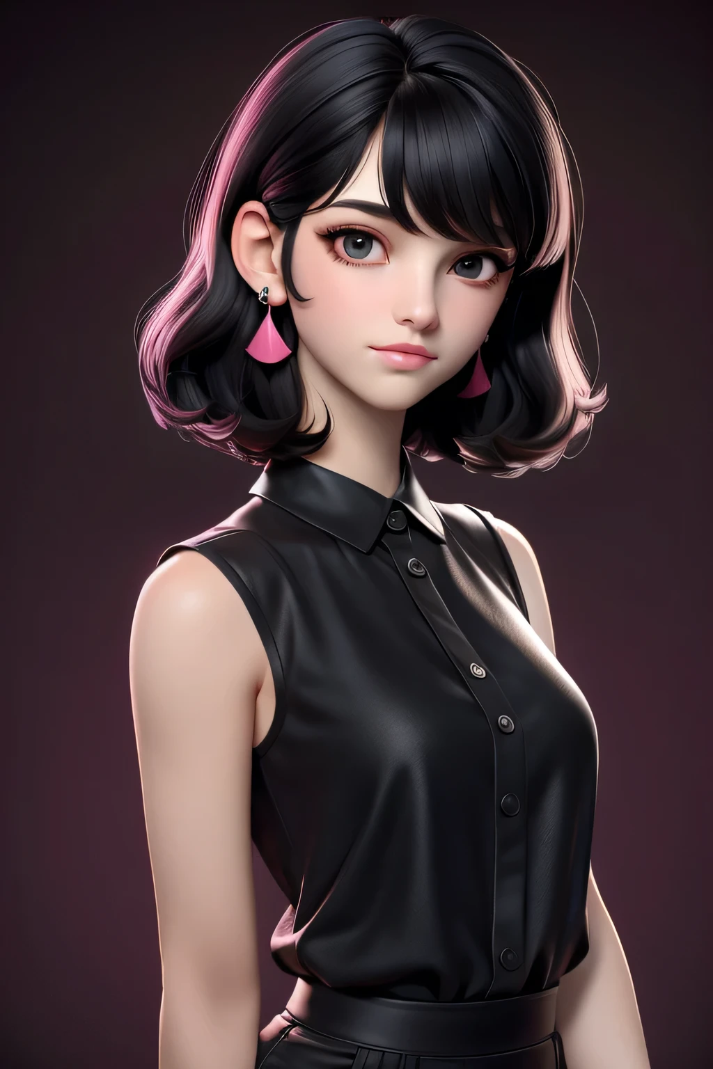 Masterpiece, Best quality, 1girll, Black eyes, Pale skin, Dark black hair, Wavy hair, Short hair, bangs covering eyes, Earrings, pink shirt, Simple background, Solo, Upper body