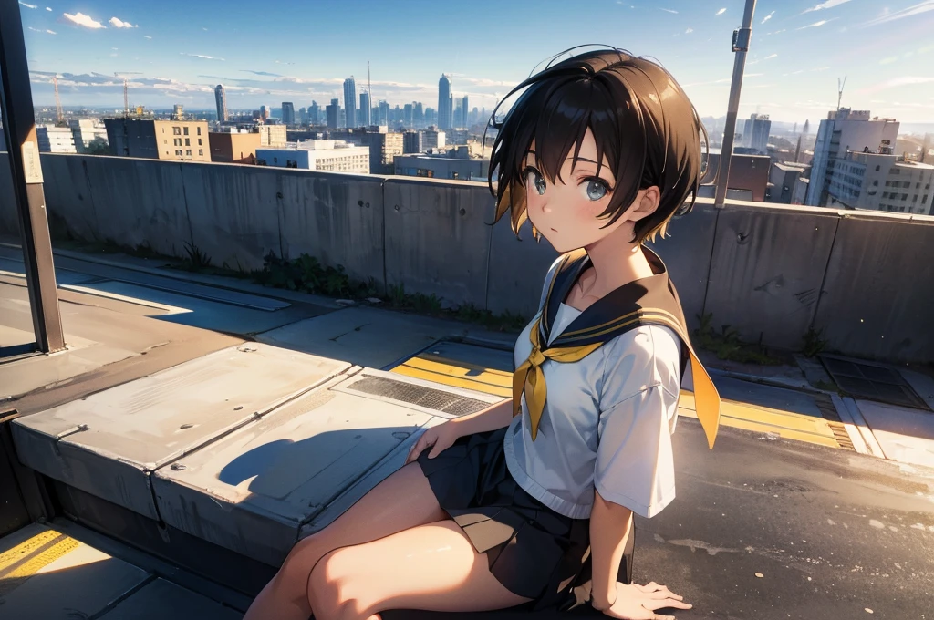 (Masterpiece,Best quality,Ultra high resolution: 1.1),Best Anime Wallpaper Winner,by Makoto Shinkai,realistic,highres,A female student sitting on the rooftop overlooking the city,Side face,Detail aspect,Reasonable structure,(Yellow short hair),solo,Student clothing,(Black and white sailor suit),Looking at the city,urban,Side shooting,super side angle,super details,afternoon,