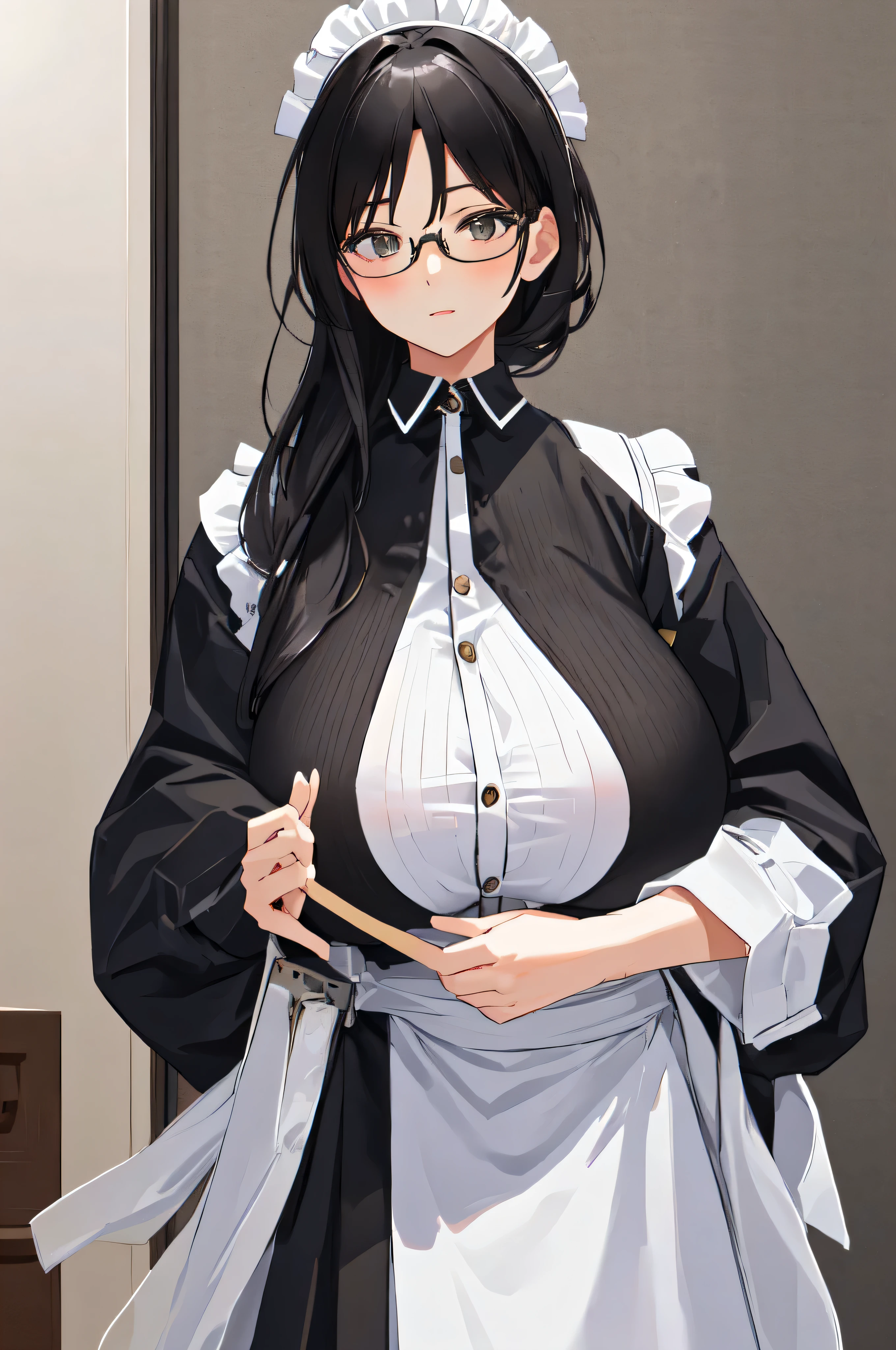 {{masterpiece}},high quality, 4K, 2D, 1 girl,{simple gray background},(attractive mature lady:1.5),milf,standing,sagging breasts,(gigantic breasts:1.5),maid,front face,{{tareme}},attractive mature lady,black hair, {from right in front of face and body},View viewers from front,{front facing shot},Wear glasses,(serious:0.1)