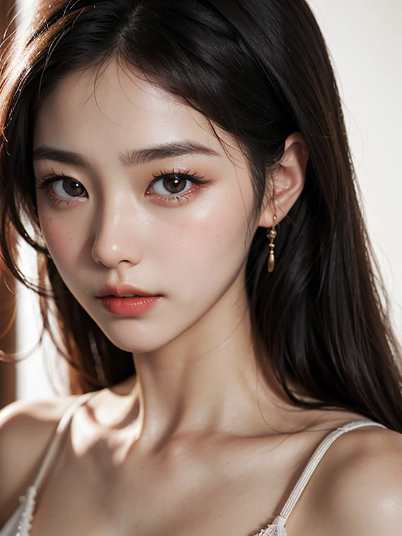 realistic photo (1 cute korean actress) long straight hair, subtle makeup, medium breast, long dress, Close-up, Clear facial features on Canon EOS camera High resolution 8K, sharp detail, Really
