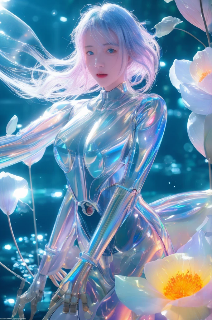 mechanical girl，full-body shot，In the water, fantastic colors, close up, light refracted into water, reflective transparent iridescent colors,soft lighting/ soft light, high detail, ultra high definition