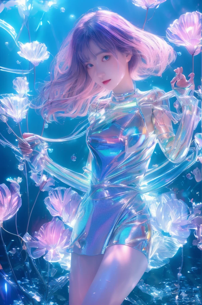 mechanical girl，full-body shot，In the water, fantastic colors, close up, light refracted into water, reflective transparent iridescent colors,soft lighting/ soft light, high detail, ultra high definition