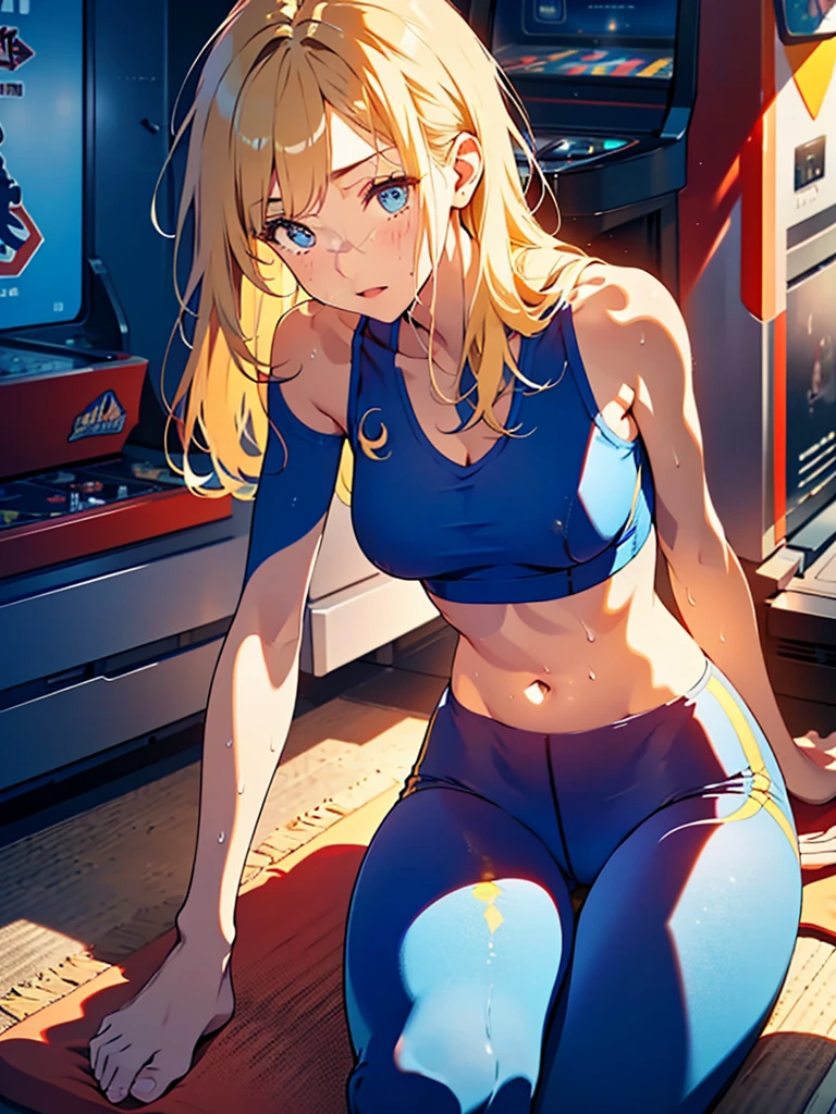 (1980s anime), a blonde Beautiful Woman, squatting naked in a Gym, only wearing white sneakers, shaved , messy bun, serious look, a few tattoos, looking at viewer, Camel toe