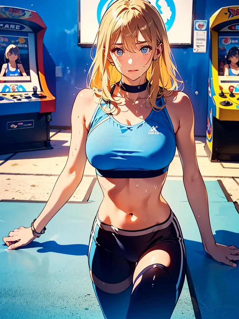 最high quality、best image quality、masterpiece、age girl((20-year-old、 By becoming、vest bust、medium bust,wide open breast tea、shining eyes, blonde hair、long hair、thin,highest valley、blue sports bra(1:2)、Blue sports pants、sweating、scattering of sweat、Flushed body、Sleeping on the mat)),high quality、beautiful art、background((arcade))debris flies、Depth of written boundary、movie、visual art、perfect art、8k,genuine、
sultry look, seductive,