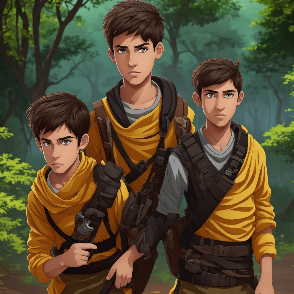 Make me digital art of a cartoon-style character, a boy with short hair, smooth and brown, Caucasian skin, yellow eyes and a scar on the mouth that looks like a cut, in a setting of acacia trees, He has a black sweatshirt with orange details, black cargo pants with a katana sheath on the side