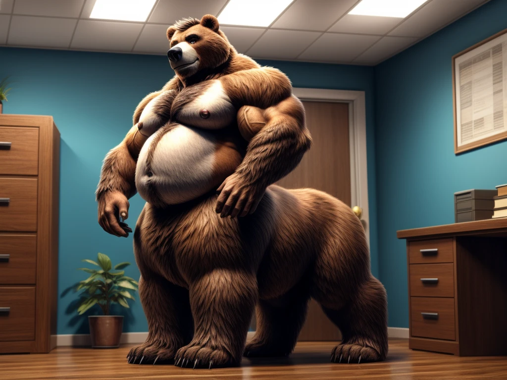 furry, fur taur, beartaur, middle-age, solo,1man, detailed face, bear ears, bear eyes(brown), bear nose(black), bear mouth, beard(grey), mature hair(grey), detailed arms, thick arms, muscular, thick hands(5 fingers), detailed body belly, thick body, muscle belly(white), thick chest, chest hair(white), nipples, detailed taur body, thick taur body, thick bear paws, thick bear tail, full body shot, standing in the office