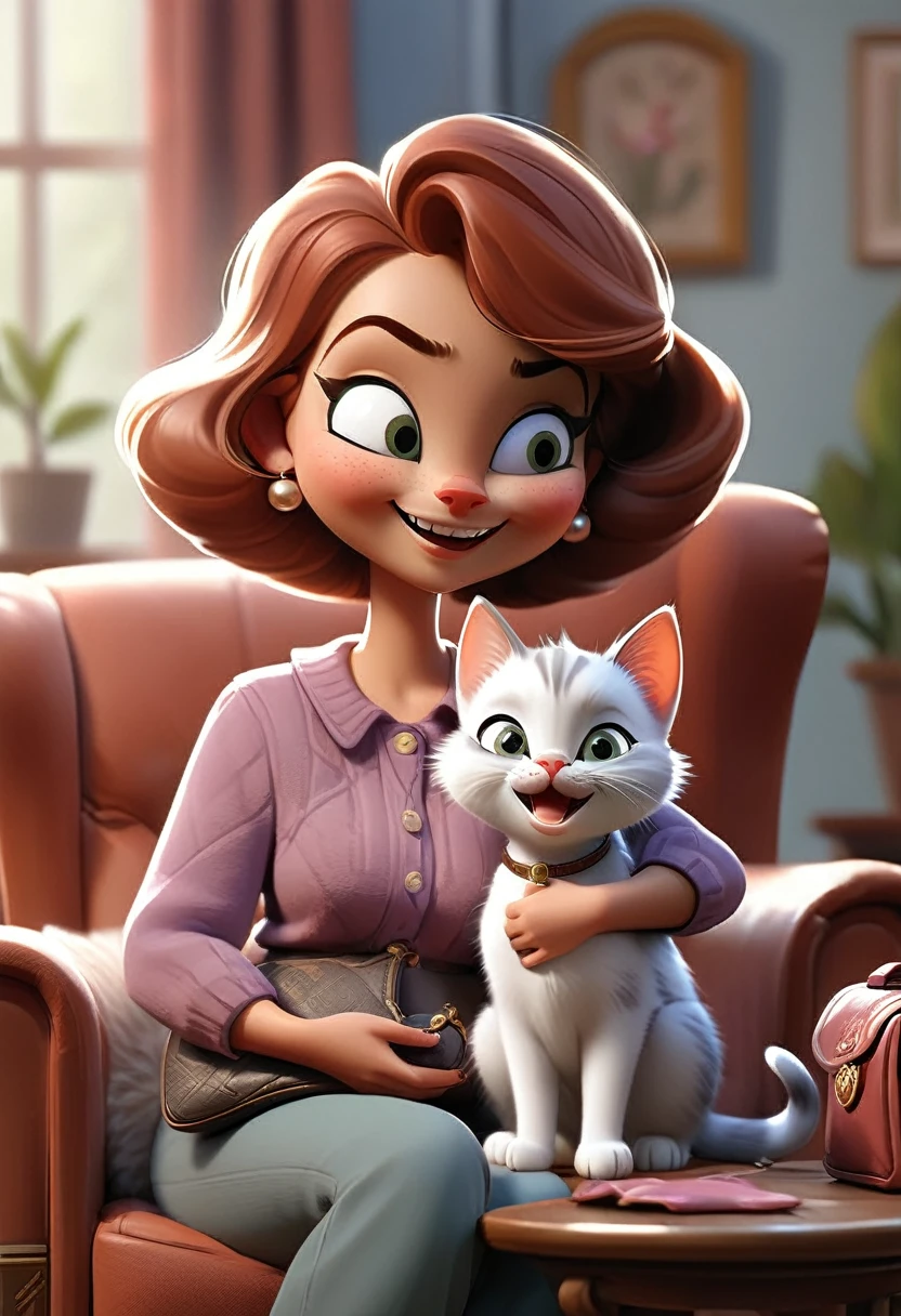 A cozy living room with Kitty, a small kitten, holding a tiny purse and looking excited. Her Mama, a larger cat, is standing nearby, smiling warmly.Elements: Comfortable furniture, warm lighting, Kitty’s excited expression, Mama’s gentle smile.