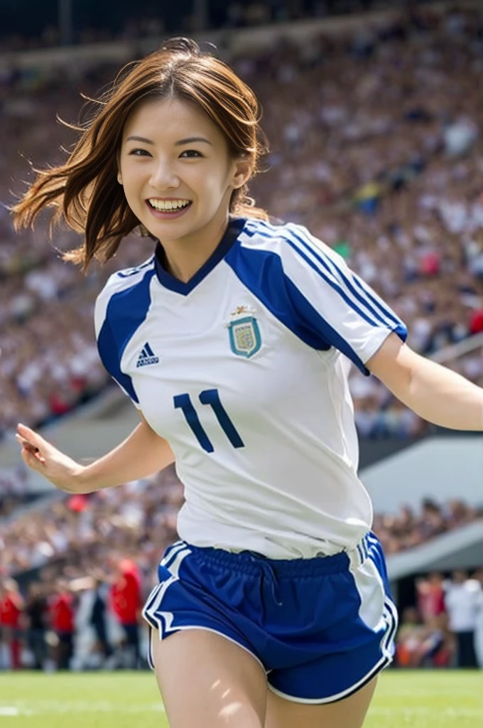 (((hyperRealistic face)))((((extreme Realistic skin detail))) (face with detailed shadows) (((Argentina)))、((Argentina Soccer))、(masterpiece:1.2, Highest quality), (Realistic, photo_Realistic:1.9), (((Photoshoot))). RAW photo, (Fisheye effect:1.2), (a photo of 25y.o. irish woman:1.3),(small:1.1), ((Belly button))、((Tie up the bottom of your shirt))、(Small breasts:1.2), dim lit, (Skin with attention to detail, Detailed eyes:1.1), 8K Ultra HD, Digital SLR, soft lighting, Intricate details, Highest quality, Film Grain, Fujifilm XT3, analog style, Instagram, only tok, (skinny:1. 2), (Preppy Style:1. 2), Put your hair up, hair on the side, (Wavy Hair:1.1), (brown hair:1.1), (Greasy Hair:0.8), (rouge makeup:1.0), (in disco:1.2), (smile:1.2), (Surprised eyes:1.2), (wearing a yellow soccer jersey and blue shorts, red knee-high socks and gloves), She is a sporty girl with brown hair and brown eyes playing soccer in a stadium full of spectators in the stands. She is celebrating a goal. She is jumping with happiness. She is wearing a algentia national team jersey and soccer shorts with the number 10 printed on them. He has a soccer ball and perfect hands and runs with speed and agility. She loves soccer and is celebrating a goal, always energetic and competitive. She has a confident personality and a friendly smile. She is loyal and supportive and motivates everyone with her enthusiasm. She enjoys playing with her teammates and scoring goals. She is passionate about soccer and teamwork. She is cute and friendly, and everyone likes her. 8K picture quality、detailed CG images、(hight resolution, Best Quality, masutepiece:1.4), (1womanl :1.3), tall thin legs, Sparkly skin, narrow hips, Teeth on the skin, big breastes, (Woman in soccer shirt showing breasts:1.3), football shorts, Short shorts, Sweating Lots, (Above the football stadium:1.2), taut clothes, Angry look, Sprinting, Beautiful、)