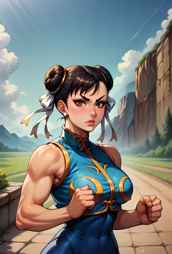 score_9, score_8_up, score_7_up, BREAK, score_9, 1girl, chun-li (\street fighter)\, black hair, brown eyes, makeup, eyelashes, short hair, breasts, looking at viewer, fist on hand, lips, alpha_costume, blue bodysuit, blue leotard, blue vest, sleeveless, cowboy shot, landscape, street, (flashing her bra)