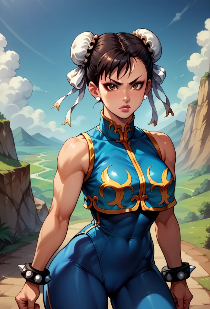 score_9, score_8_up, score_7_up, BREAK, score_9, 1girl, chun-li (\street fighter)\, black hair, brown eyes, makeup, eyelashes, short hair, breasts, looking at viewer, fist on hand, lips, alpha_costume, blue bodysuit, blue leotard, blue vest, sleeveless, cowboy shot, landscape, street, (flashing her bra)