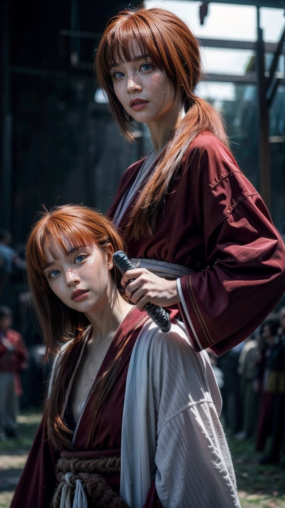 "Rurouni Kenshin",
Moment of enthusiasm, Bold,
Capturing the essence of her fiery determination and indomitable spirit, She explodes in rage, Strongly conveys the raw power of Kenshin's rage, Emphasizing the intensity of the scene, The woman is in a determined stance,
Action with a straight sword in hand,
Long hair, Ponytail, Red hair, Red eyes, Bright red lipstick,
Katana, Holding a sword in hand,
Cross sign on left cheek,
High quality, Realistic,
20-year-old woman,
She wears a red kimono with an intricate pattern, Combined with a white hakama,
The lighting is realistic, (Masterpiece+Top quality+High resolution+Very detailed), (Full body:1.2),Symmetrical, One cut,