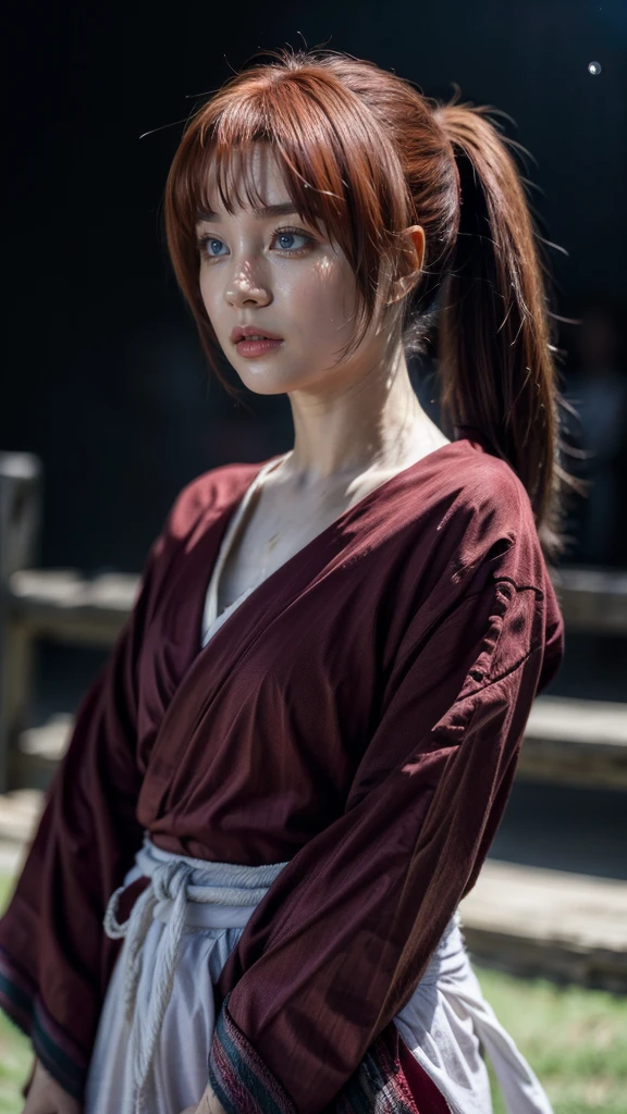 "Rurouni Kenshin",
Moment of enthusiasm, Bold,
Capturing the essence of her fiery determination and indomitable spirit, She explodes in rage, Strongly conveys the raw power of Kenshin's rage, Emphasizing the intensity of the scene, The woman is in a determined stance,
Action with a straight sword in hand,
Long hair, Ponytail, Red hair, Red eyes, Bright red lipstick,
Katana, Holding a sword in hand,
Cross sign on left cheek,
High quality, Realistic,
20-year-old woman,
She wears a red kimono with an intricate pattern, Combined with a white hakama,
The lighting is realistic, (Masterpiece+Top quality+High resolution+Very detailed), (Full body:1.2),Symmetrical, One cut,